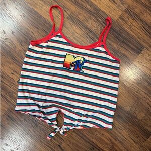 MTV Multicolor Striped Tie-Front Crop Tank with Red Trim